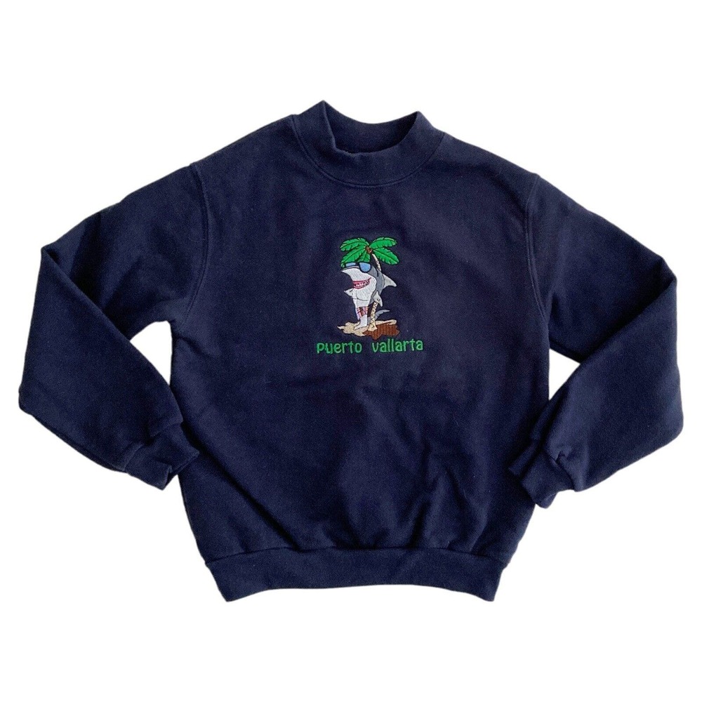 Vintage Puerto Vallarta Small Kids Sweatshirt Cool Shark‎ Crewneck Navy Blue NEW
